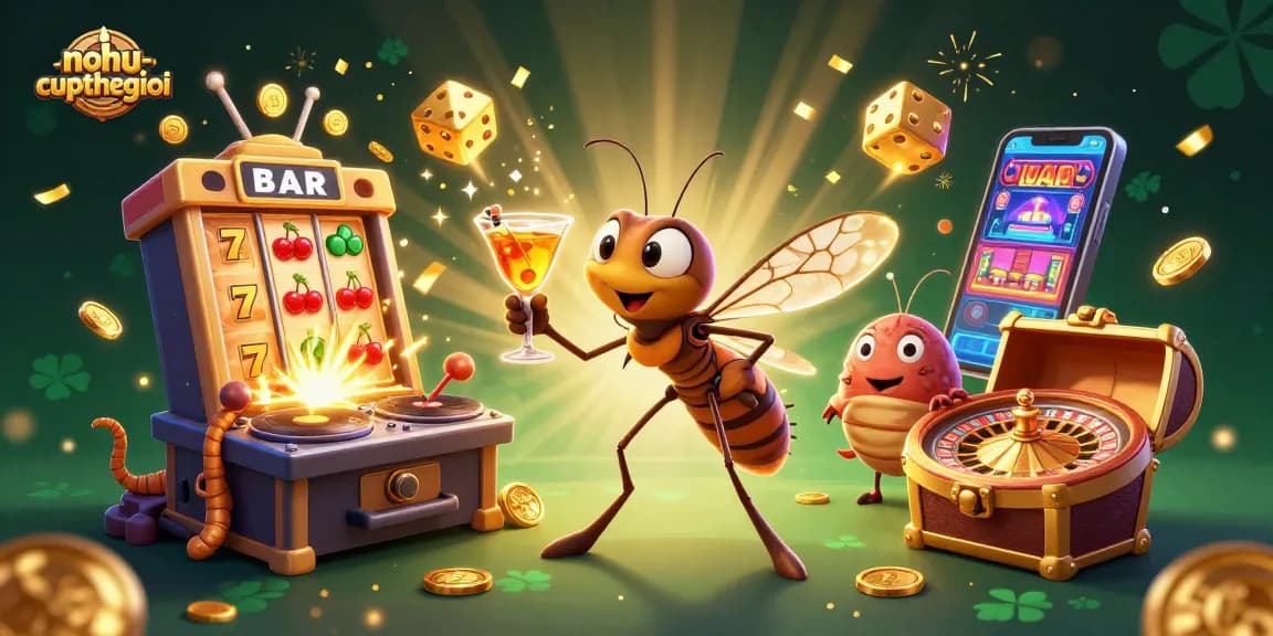 Nohucupthegioi showcases a vibrant casino scene with a lively mascot, DJ, and roulette wheel.