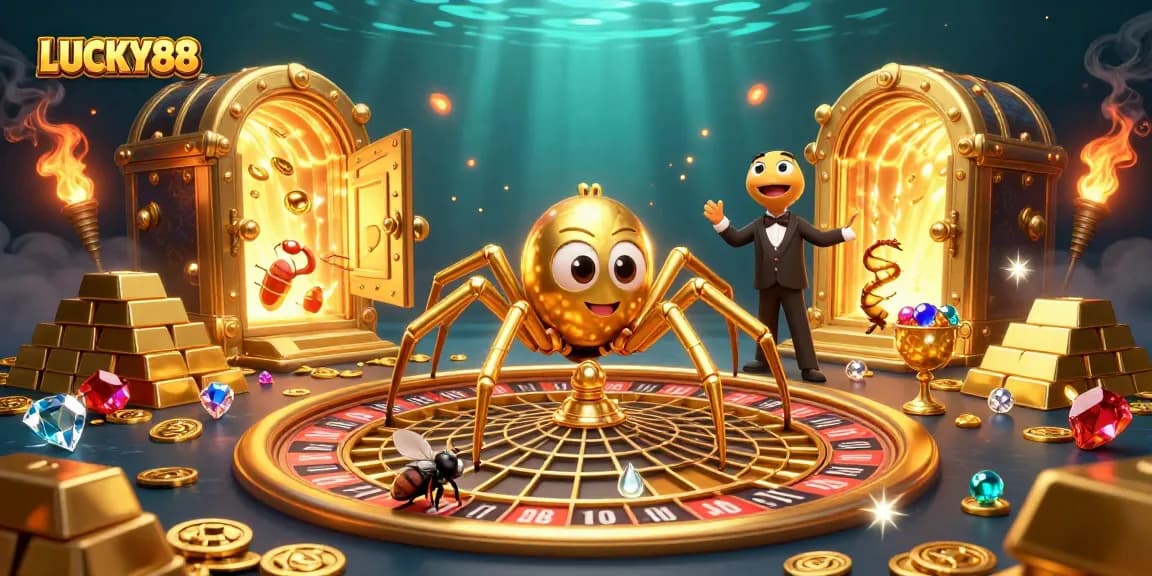 Place bets and win big at LUCKY88 with a vibrant 3D casino scene full of treasures.
