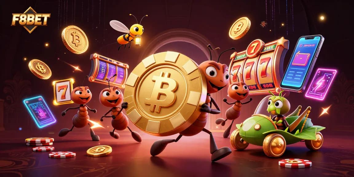 F8BET casino heist with cartoon ants, poker chip heist, and slot reels.