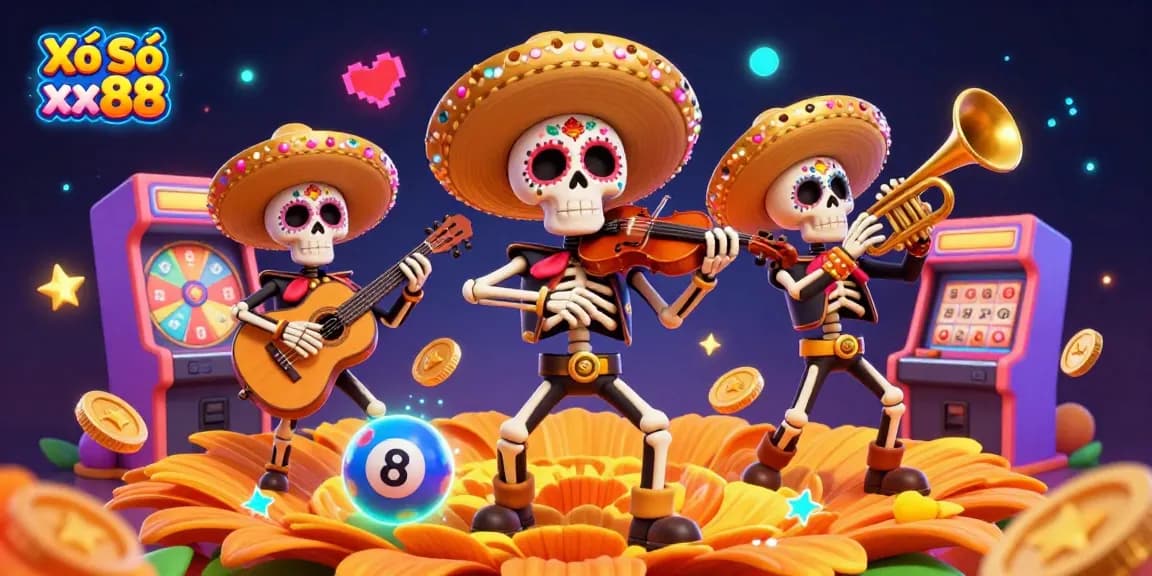 Xổ Số xx88 vibrant illustration featuring a mariachi band amidst lottery game elements in a colorful arcade.