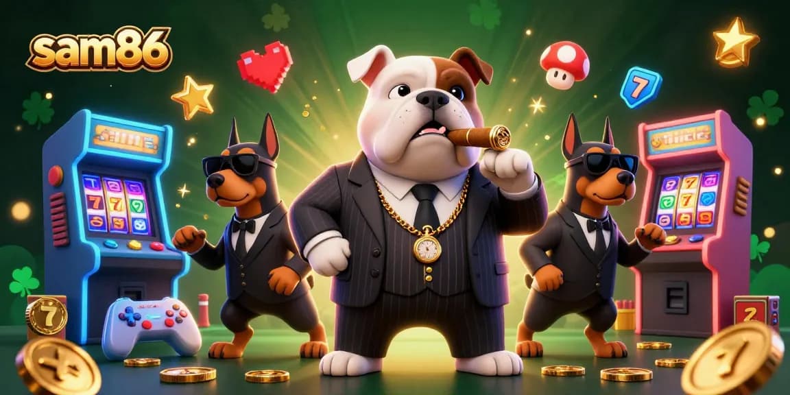Experience thrilling gameplay at sam86 with a dynamic 3D casino scene featuring a bulldog boss and game elements.