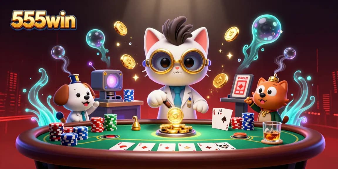Experience the excitement of 555win as mad scientist cat creates riches at a vibrant casino table
