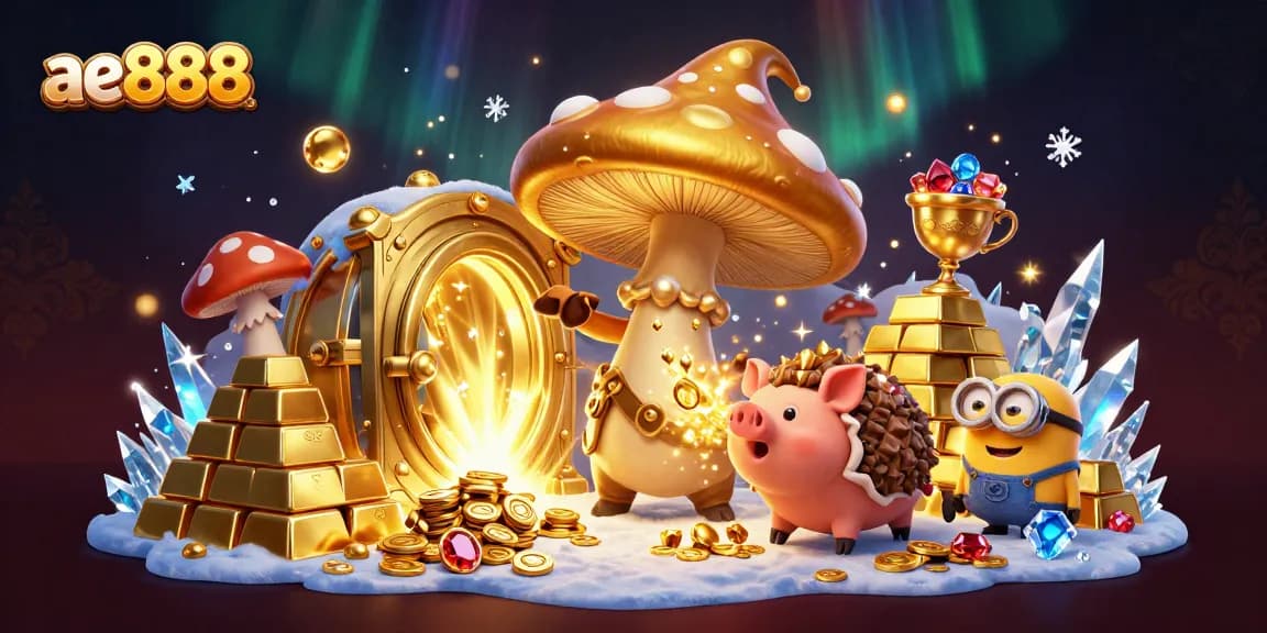 Engage with ae888's vibrant gaming world featuring a golden wizard, treasure, and magic.