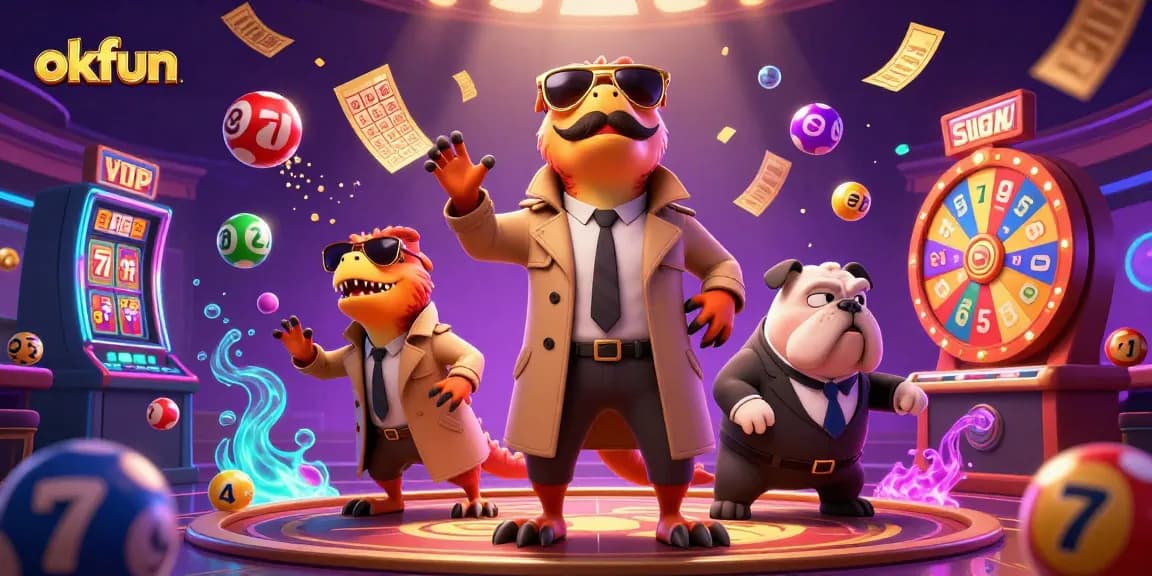 Experience the thrill of okfun as raptors attempt to enter a VIP casino, surrounded by vibrant gaming elements.