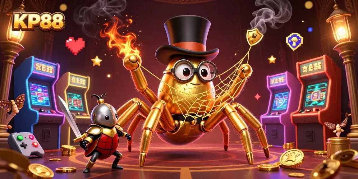 KP88 draws players into a vibrant scene of adventure, featuring a golden tarantula and brave beetle knight in a lively casino environment.