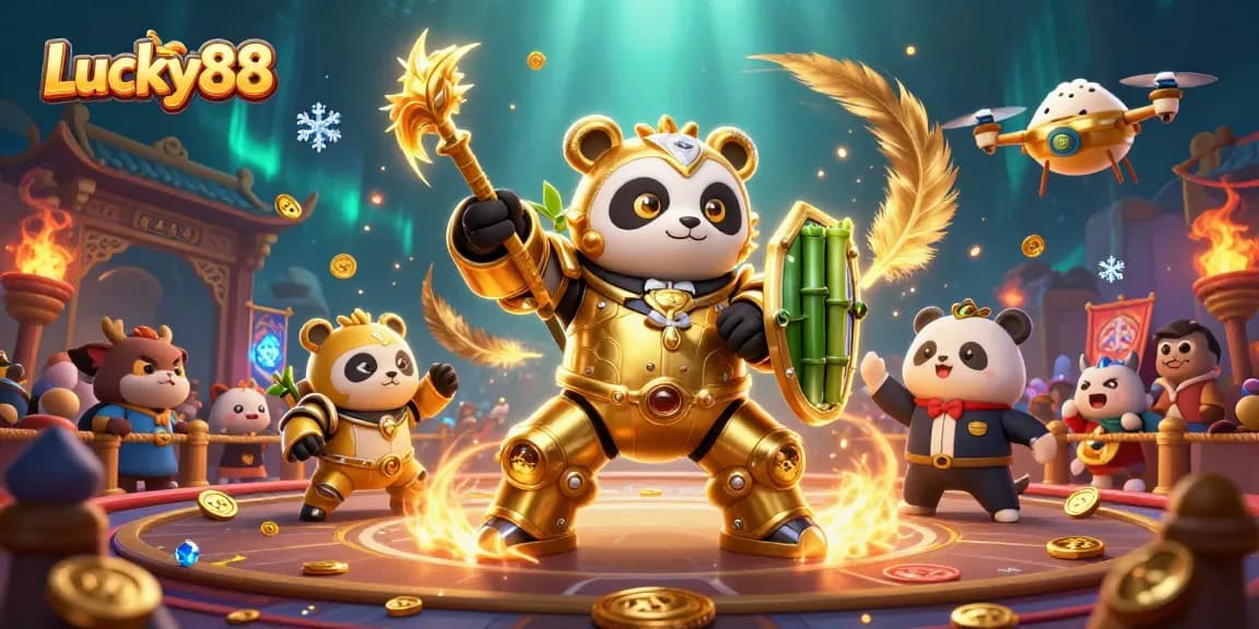 Experience the excitement of Lucky88 slots with dynamic robots and cheering animals in an animated casino scene.
