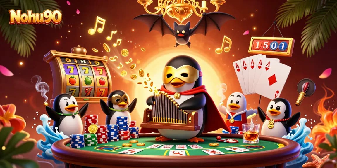 Nohu90 slot and casino excitement depicted with a cartoon penguin playing an organ shooting coins.