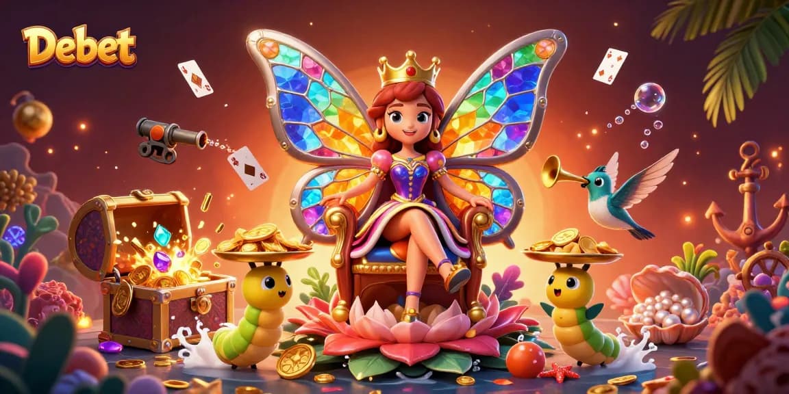 Engage with Debet's vibrant online casino experience featuring a butterfly queen and gaming treasures.