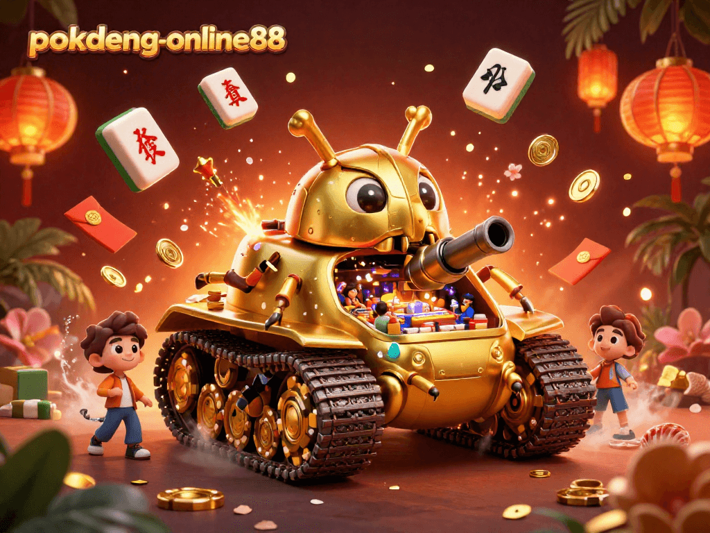 Experience the excitement of Pokdeng-online88 with a dynamic 3D casino beetle tank illustration.