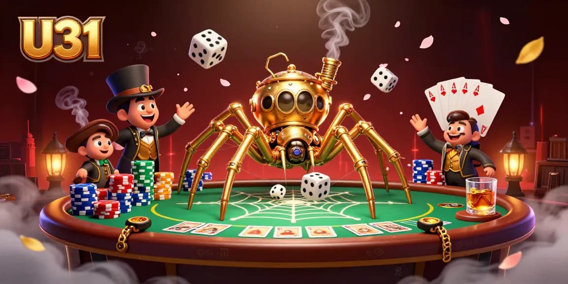 Play at U31 with a captivating steampunk display of golden poker chips and whimsical characters.