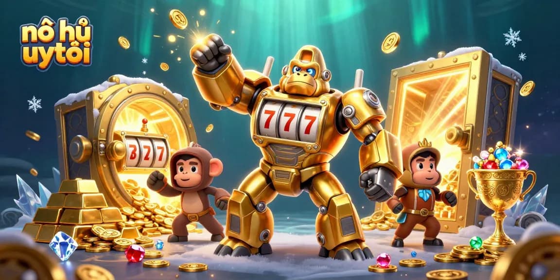 Engage with nổ hũ uy tín via dynamic 3D casino illustration showcasing a golden gorilla mech.