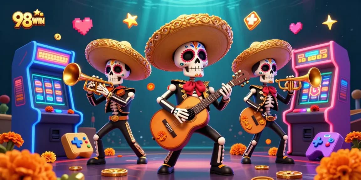Spin and win with 98WIN's lively mariachi band in vibrant casino illustration.