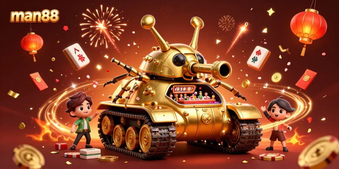 Experience the excitement of man88 with a vibrant 3D casino scene filled with confetti, games, and celebrations.
