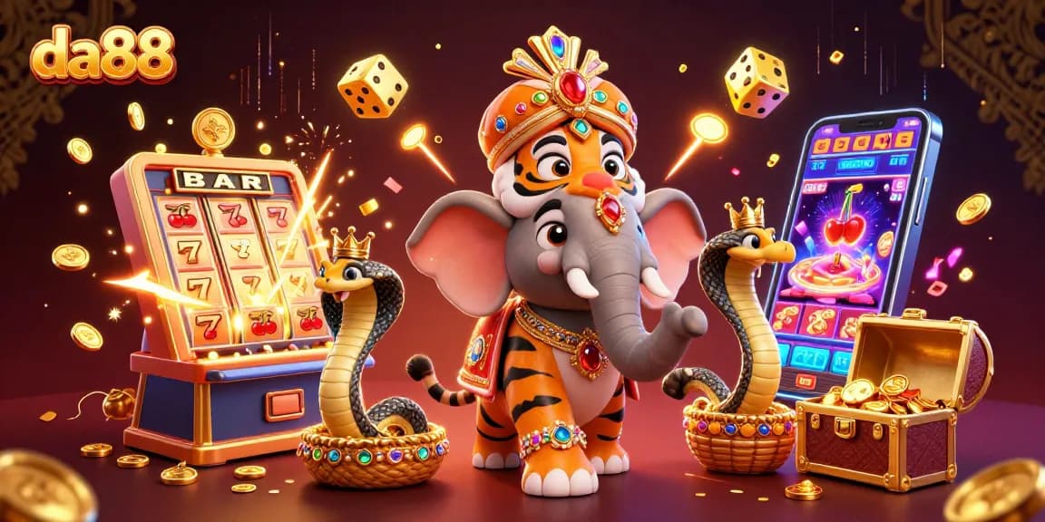 Spin the reels with da88 in a vibrant casino scene featuring a royal elephant and treasure!