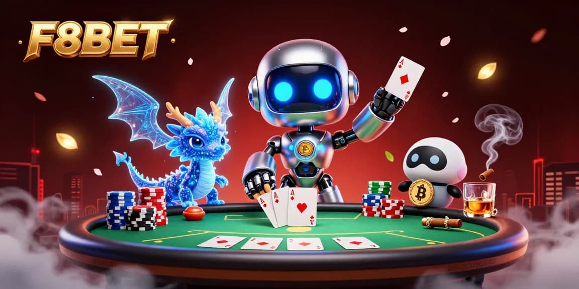 Engage in thrilling F8BET poker action surrounded by dynamic 3D characters and vibrant casino elements.