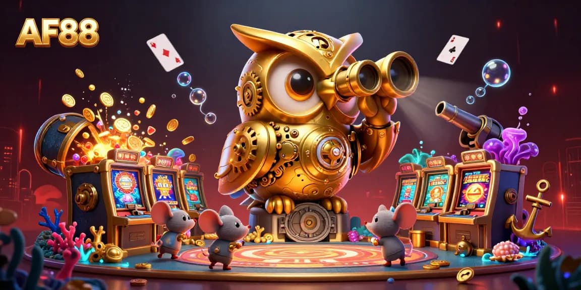 Experience thrilling casino betting at AF88 with a golden owl overseeing vibrant game activities.