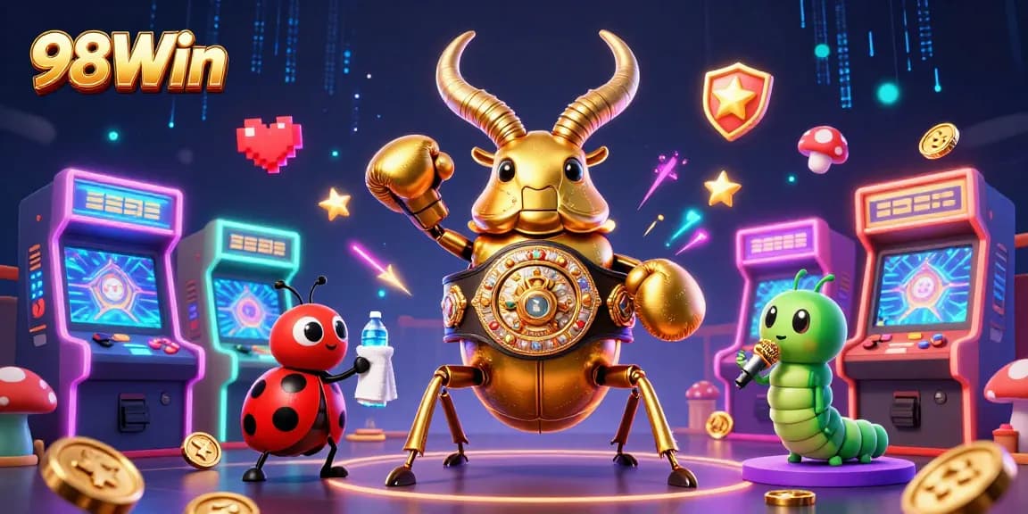 Engage in thrilling slots at 98Win with vibrant arcade visuals, showcasing fun characters and games.