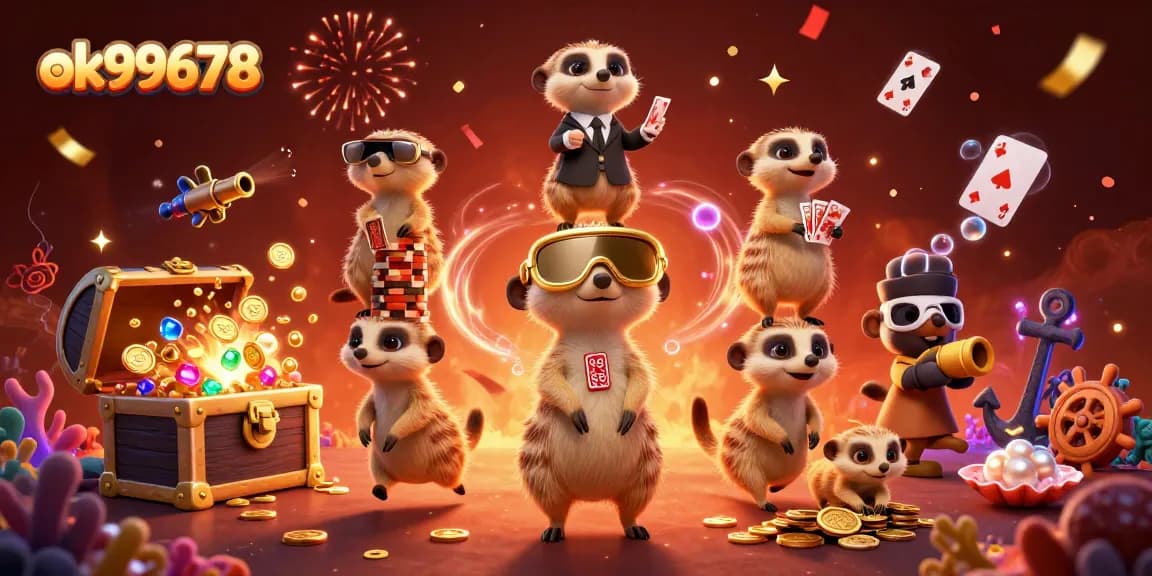 Experience thrilling gameplay at ok99678 with meerkats overseeing a vibrant casino scene filled with treasures.