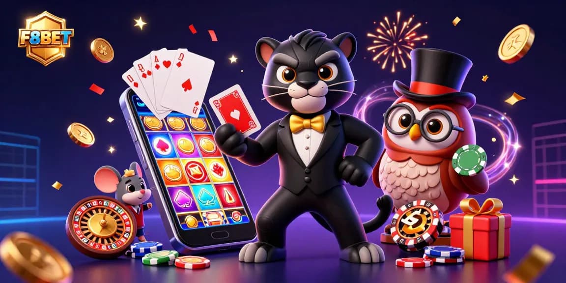 Engaging casino scene featuring F8BET characters celebrating with cards and poker chips amidst dynamic gaming elements.