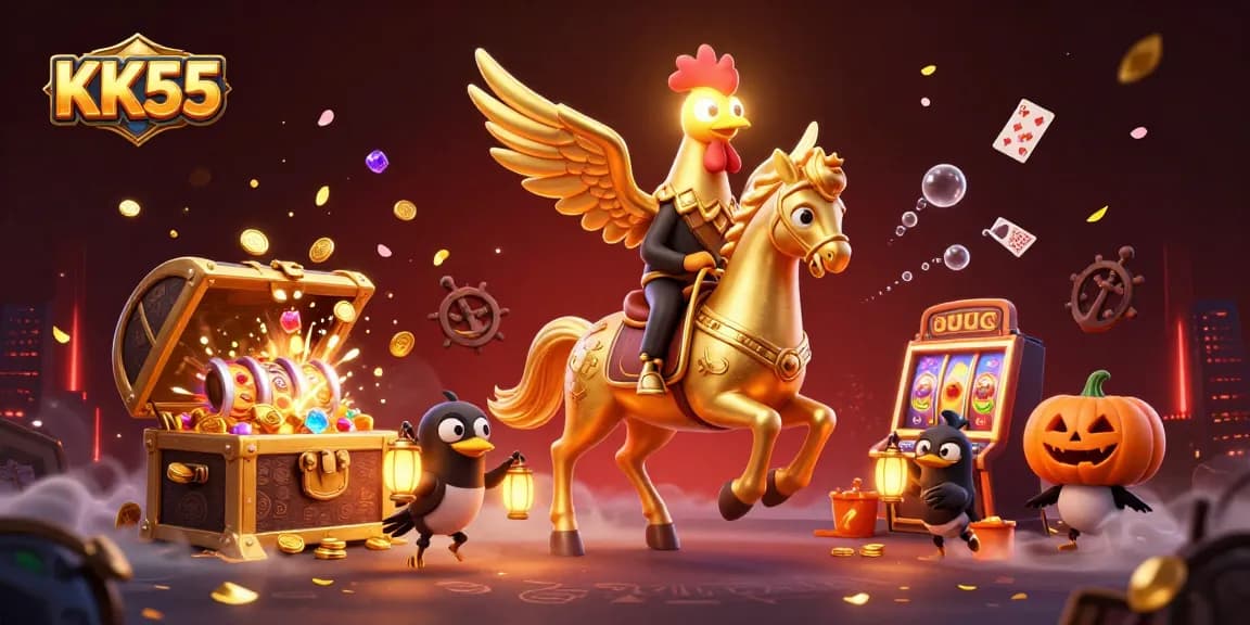 Engage with KK55's exciting gaming experience featuring gold coins, a golden rooster, and vivid casino elements.