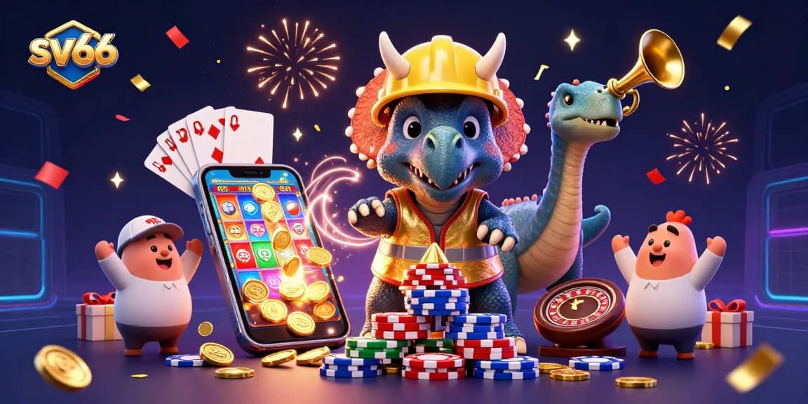 Experience winning thrills with sv66 as cartoon dinosaurs build a poker chip pyramid.