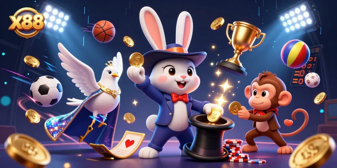 x88 players enjoying the thrill of winning with vibrant casino characters and sports elements.