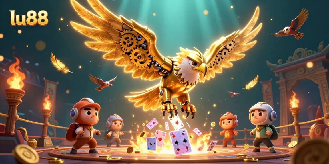lu88 showcases gaming excitement with a golden eagle diving through playing cards and coins