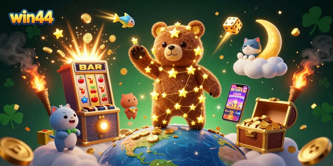 Win44 casino characters celebrate with lively slot machine and treasure in a vibrant 3D illustration.