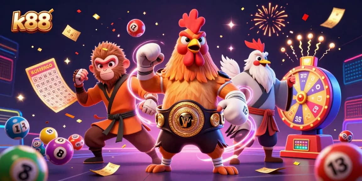 Engage in exciting k88 gaming with this vibrant illustration showcasing colorful lottery elements and dynamic characters.