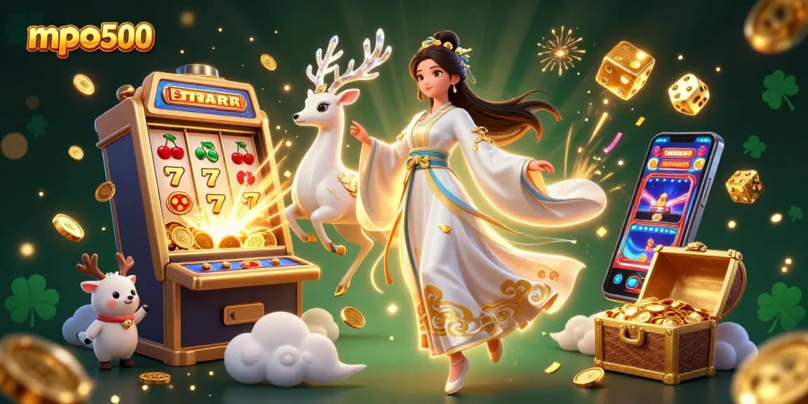 Experience the excitement of mpo500 with dynamic casino scenes of slot machines, jackpots, and game elements.
