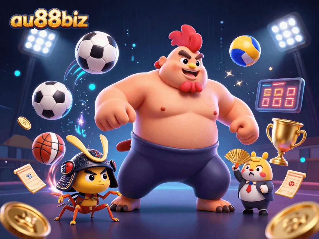 Experience winning thrills with au88biz as the sumo rooster stomps triumphantly while cricket and tanuki cheer.