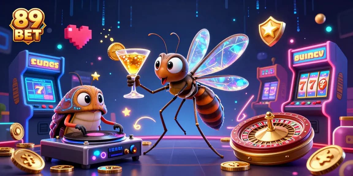 Experience thrilling gameplay with 89 BET's captivating casino illustration, featuring an animated mosquito mascot and engaging elements.