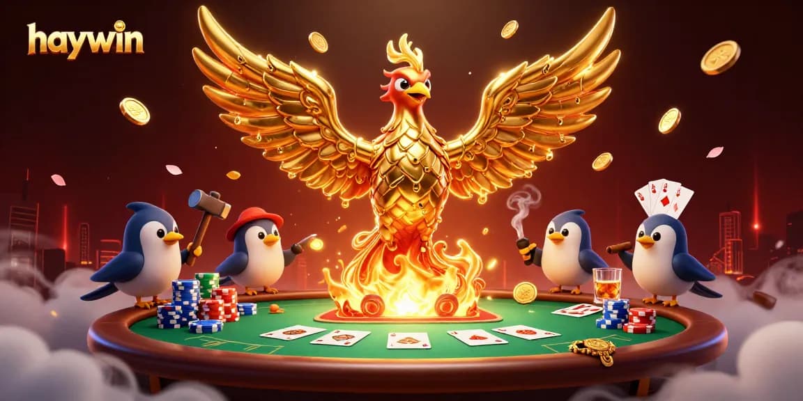 Join the excitement at haywin with a molten phoenix emerging in a vibrant casino scene filled with poker elements.