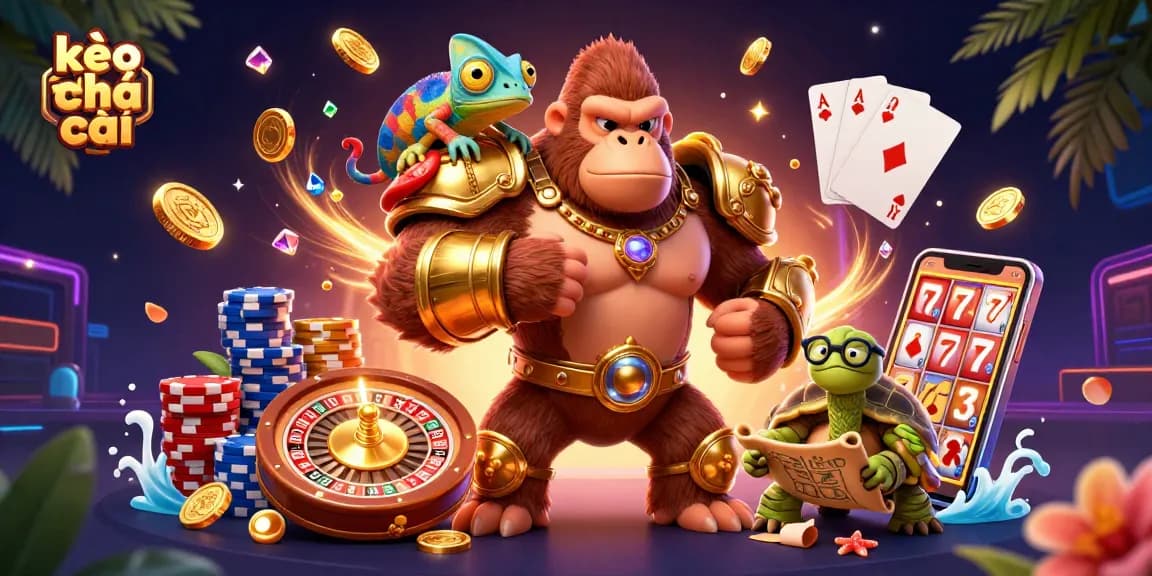 Experience kèo nhà cái with a dynamic scene featuring a gorilla in armor and a colorful chameleon amidst rich casino elements.
