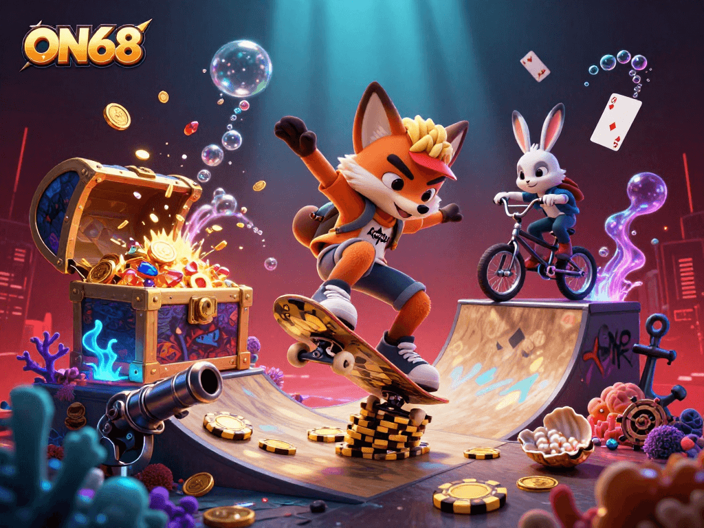 Experience thrilling gameplay at ON68 with vibrant casino elements and dynamic characters.