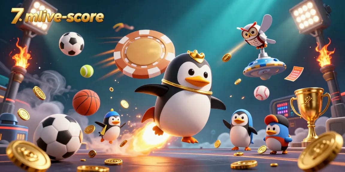 Experience the thrill of 7mlive-score with a dynamic 3D illustration showcasing a golden penguin and casino elements.