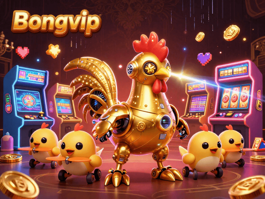 Bongvip celebrates gaming with a retro-futuristic golden rooster robot engaging in thrilling casino action, showcasing dynamic elements and vibrant visuals.