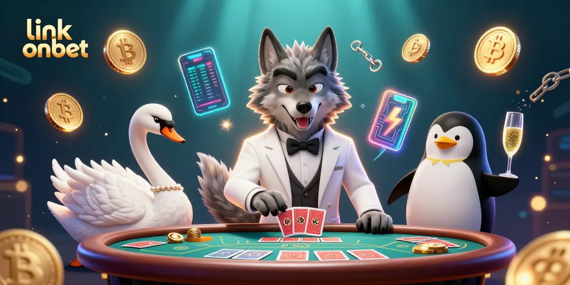 Experience excitement at the link onbet casino with a vibrant 3D illustration of a wolf, swan, and penguin in action.