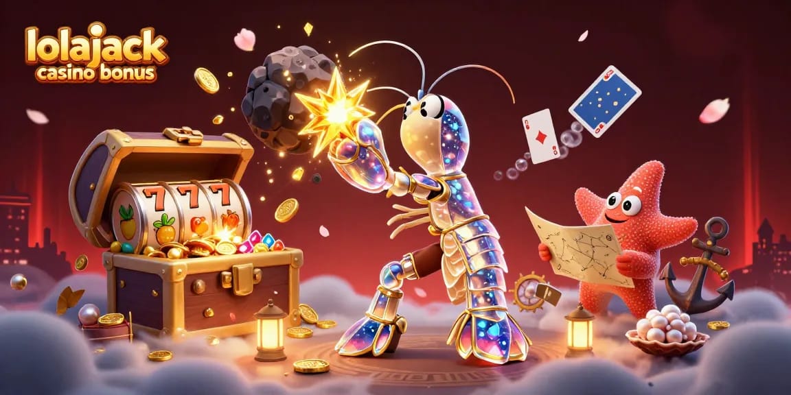 Experience the excitement of lolajack casino bonus with a dynamic 3D illustration of gaming elements.