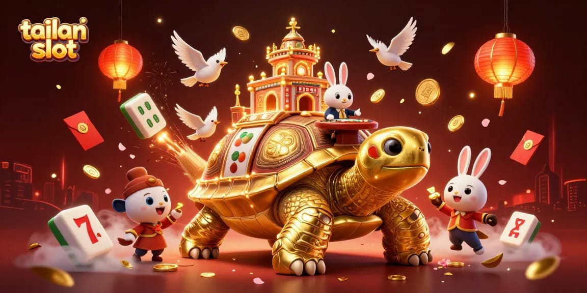 Spin winning reels in the vibrant tailan slot universe with golden tortoise and lively dealer.
