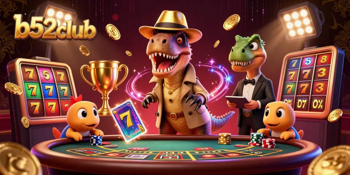 Experience thrilling slots at b52club with a playful velociraptor and stegosaurus in a lively casino scene.