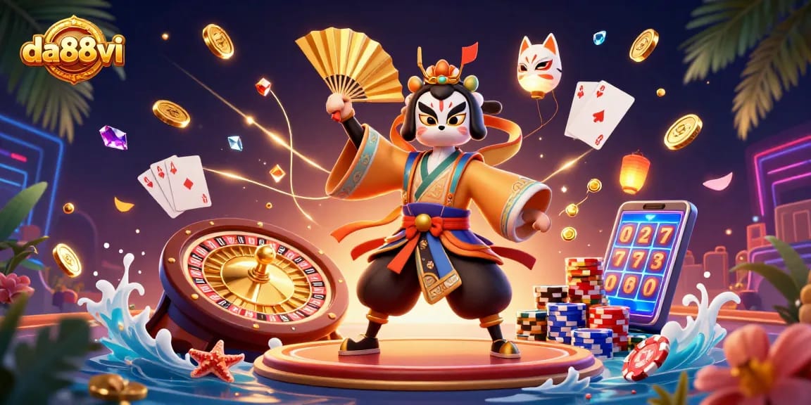 Experience exhilarating wins at da88vi with a vibrant 3D casino illustration featuring dynamic game elements.