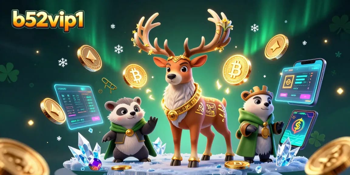 Bet on exciting games with b52vip1 – a vibrant scene of fantasy characters, currency, and lights.