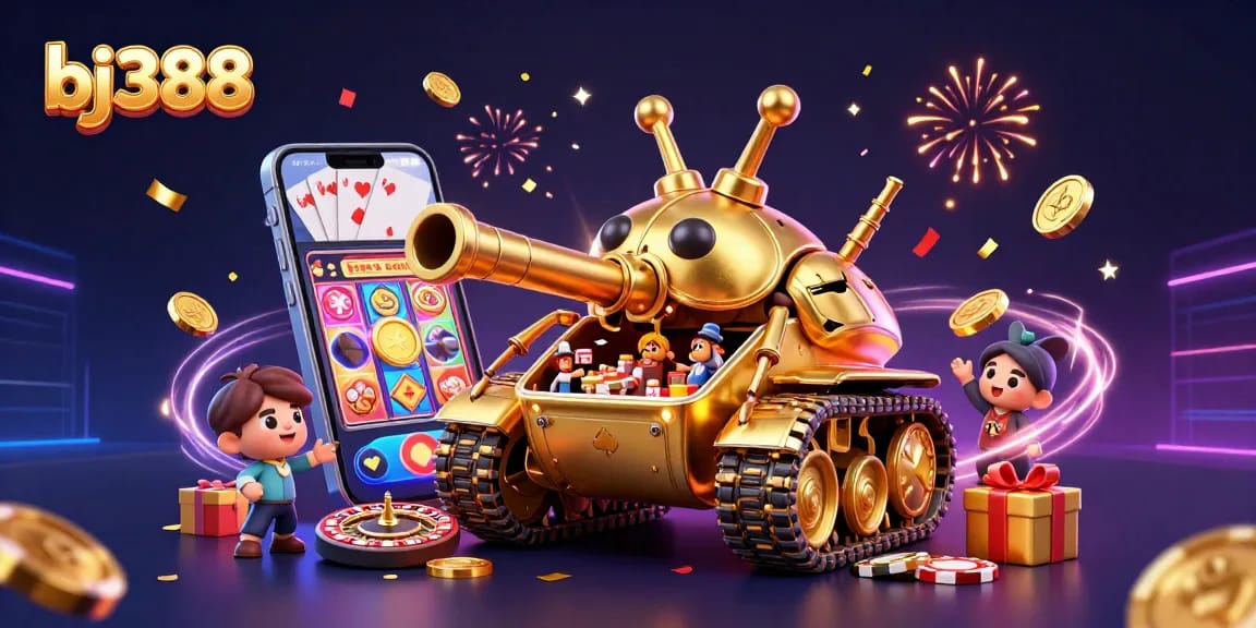 Bj388 brings excitement with a massive golden beetle tank displaying a mini casino, vibrant slot games, and golden coins.
