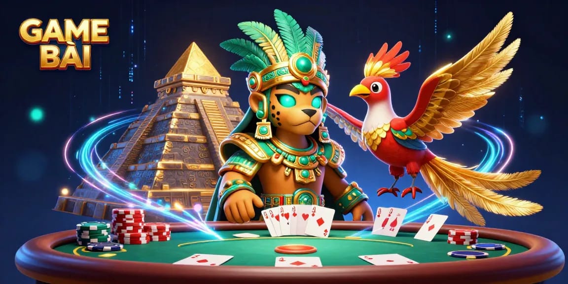 Experience intense gameplay with GAME BÀI featuring vibrant poker elements and a stunning Mayan priest.
