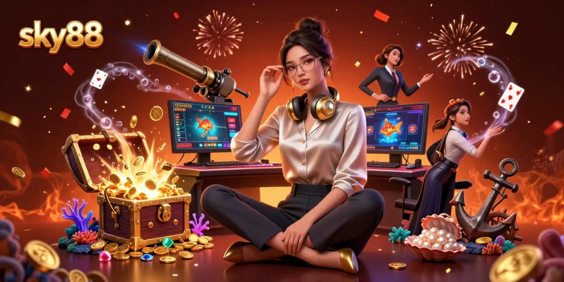 Experience thrilling gameplay at sky88 with an energetic Asian woman surrounded by gaming elements and vibrant confetti.