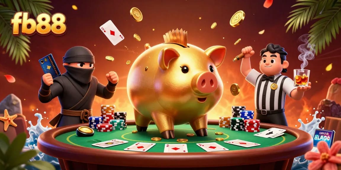Experience excitement with fb88 in this vibrant casino-themed 3D illustration featuring dynamic gaming elements.