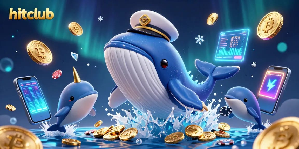 Hitclub features an exciting underwater scene with a whale and dolphins surrounded by glowing crypto elements.
