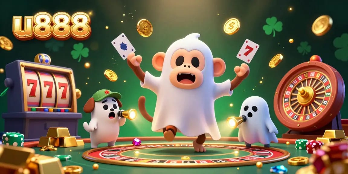 Join the excitement at u888 as the mischievous poltergeist monkey and curious puppy explore the vibrant casino