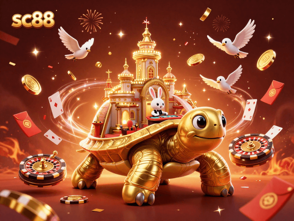 Experience exciting gaming action with sc88 at a lively casino scene featuring golden tortoise and a rabbit dealer.